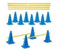 Relaxdays Set de 12 cônes et 6 Barres, 18 pièces pour l’Agility ou Le Football, Obstacles Chien, Bleu et Jaune