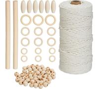 Relaxdays Kit macramé, Fil d’épaisseur 3 mm et de Longueur 109 m, Perles, Anneaux, Coton et Bois, Blanc et Nature