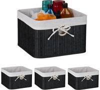 Relaxdays Lot de 4 paniers de rangement en bambou avec insert en tissu, H x l x P : 20 x 31 x 31 cm, trou de préhension, panier d'étagère, noir/blanc