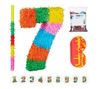 Relaxdays Set de piñata anniversaire numéro 7 XXL, poteau, masque et confettis, papier, multicolore, 50 cm de long