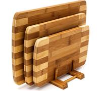 Planches à découper set de 3 pièces avec support en bois de bambou naturel écologique rayé design moderne et pratique, nature