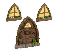 Relaxdays Set fée d’extérieur (Jardin), 2 fenêtres, 1 Porte, résistant aux intempéries, Pierre Artificielle, Multicolore