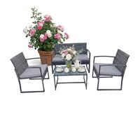 Relaxdays Set Jardin 4 pcs, rotin synthétique, Gris, Banquette, 2 chaises, Table Verre, Salon 4 pers.
