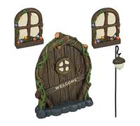 Relaxdays Set pour fée d’extérieur (Jardin), 2 fenêtres, 1 lampadaire, 1 Porte, Pierre Artificielle, Multicolore