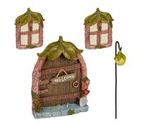 Relaxdays Set pour fée d’extérieur (Jardin), déco, 2 fenêtres, 1 lampadaire, 1 Porte, Pierre Artificielle, Multicolore