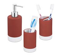 Relaxdays Set Salle de Bain 3 pièces, Distributeur Savon, gobelet, Porte Brosse à Dents, céramique et INOX, Rouge