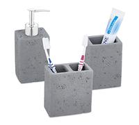 Relaxdays Set Salle de Bain 3 pièces, Distributeur Savon, gobelet, Porte Brosse à Dents, Ciment et Fer, Gris