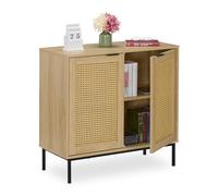 Relaxdays Sideboard, 2 portes en rotin, pieds en métal, HxLxP : 76x80x35 cm, salon, 2 étagères, naturel/noir