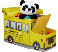 Relaxdays Tabouret Coffre boîte à Jouets Couvercle Pouf Enfant Pliable Auto 50 litres, Bus Ecole, Polyester, School, 33 x 27 x 56 cm, Jaune