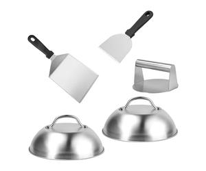 Relaxdays Smash Burger Set, 5 pièces, Presse à Burger, 2 Cloches à Fromage et 2 spatules, Moule à galettes, INOX, Argent