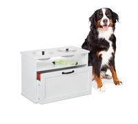 Relaxdays Station d'alimentation pour Chien, 2 gamelles pour Chien, Espace de Rangement, H x l x P : 42 x 60 x 30 cm, Bar surélevé, MDF, Armoire pour Chien, Blanche