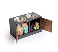 Relaxdays Station d'alimentation pour Chien surélevée, 2 gamelles, Rangement, MDF/INOX, Noir/Marron, HxLxP 35,5x60x30 cm