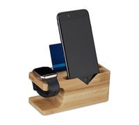 Relaxdays Station de charge, pour smartphone & montre connectée, bambou, HxLxP: 6 x 14 x 6,5 cm, support, nature