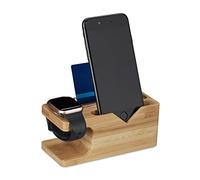 Relaxdays Station de Charge, pour Smartphone & Montre connectée, Bambou, HxLxP: 6 x 14 x 6,5 cm, Support, Nature