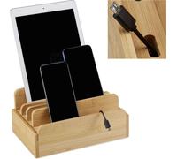 relaxdays Station de Recharge en Bambou, Plusieurs appareils, tablettes & Smartphone, câble, 10x22,5x15 cm, Nature