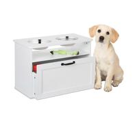 Relaxdays Station repas chien 2 gamelles + rangement, bar surélevée, MDF, 42×60×30 cm, blanc
