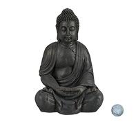 Relaxdays Statue de Buddha Figurine de Bouddha décoration Jardin Sculpture céramique Zen 70 cm, foncé, Gris/argenté/métallique