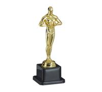 Relaxdays Statue de vainqueur, socle carré, Figurine avec couronne, trophée de vainqueur, Hollywood, 18 cm de haut, doré