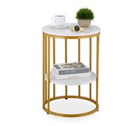 Relaxdays Table d'appoint, 2 Plateaux Aspect marbre, métal et MDF, H x D : 57 x 40 cm, pour Le Salon, Blanc et doré