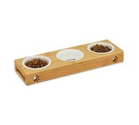 Relaxdays support 3 gamelles bambou, gamelles céramique eau & nourriture, lave-vaisselle, chats & petits chiens, naturel