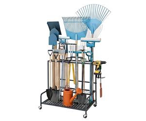 Relaxdays Support à Outils de Jardin sur roulettes, 12 Crochets, Anthracite | Garage et remise, porte-outils mobile, en acier