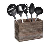 Relaxdays Support à ustensiles de cuisine, 2 compartiments pour les accessoires & couverts, 17x24x12 cm, bois, marron