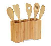 Relaxdays Support à ustensiles de cuisine en bambou, Lot de 5 cuillères, Rangement séparable, 17 x 25 x 10 cm, naturel