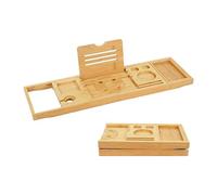 Relaxdays Étagère de Baignoire en Bambou Extensible 70-105 cm, Pliable, Porte-Verre et Serre-Livre, Planche de Bain, Naturel