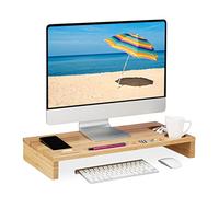 Relaxdays Support de Moniteur, Bambou, rehausseur écran Bureau, Naturel | 7 compartiments, dessous PC, HLP 8,5x60x30 cm