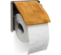 Relaxdays Porte-rouleau de papier hygiénique en bambou et inox HxlxP : 13,5 x 14,5 x 13,5 cm support mural salle de bain Toilette, nature