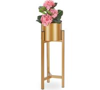 Relaxdays Support pour pot à fleurs, présentoir à plantes incluant un récipient, HxD 60 x 21,5 cm, doré