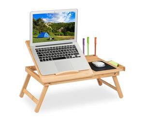 Relaxdays Support de Tablette pour lit & canapé, Pliable, HxLxP : 17,5x62x34 cm, Bambou, tiroir & Tapis à Souris, Nature