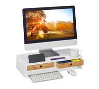 Relaxdays Support d'écran, 2 tiroirs, réhausseur d'écran d'ordinateur, Laptop, HxLxP : 12x56x27 cm, MDF, Bambou, Blanc