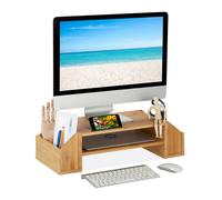 Relaxdays Support d'écran en Bambou, 4 tiroirs, réhausseur d'écran d'ordinateur/Laptop, HxLxP : 16x57,5x25 cm, Naturel