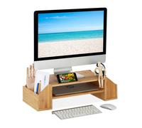 Relaxdays Support d'écran en bambou, 4 tiroirs, réhausseur d'écran d'ordinateur/laptop, HxLxP : 16x57,5x25 cm, naturel