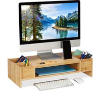 Relaxdays Support moniteur bambou, rehausseur écran à compartiments, HLP 15,5x62,5x28 cm, dessous d’ordinateur, naturel
