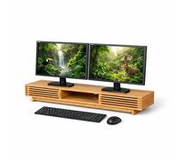 Relaxdays support écran, 2 moniteurs, 3 compartiments, H x L x P : 14 x 96,5 x 24,5 cm, bambou, naturel