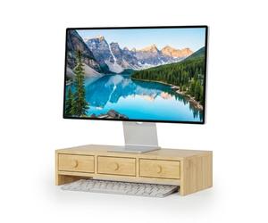 Relaxdays Support écran, 3 tiroirs, 12,5 x 51 x 24 cm, Naturel | MDF, rehausseur d'écran pour bureau, support pour PC
