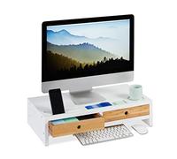 Relaxdays Support moniteur bambou, Rehausseur écran 2 tiroirs compartiments, Support HLP 14 x 60 x 30 cm, blanc/nature