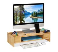 Relaxdays Support moniteur bambou, rehausseur écran à compartiments, 15,5x62,5x28 cm, naturel, 15 kg