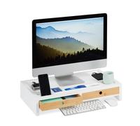 Relaxdays Support moniteur, rehausseur d’écran XL en bambou et MDF, 2 tiroirs, organiseur, HBT 11x58.5x32,5 cm, blanc