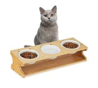 Relaxdays Support pour Chat, 3 gamelles, 400 ML chacune, Bambou & céramique, compatibles Lave-Vaisselle, Nature - Blanc