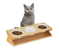 Relaxdays Support pour Chat, 3 gamelles, 400 ML chacune, Bambou & céramique, compatibles Lave-Vaisselle, Nature - Blanc