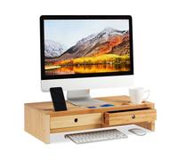 Relaxdays Support pour moniteur, bambou, rehausseur pour écran avec 2 tiroirs & compartiments, 14 x 60 x 30 cm, nature
