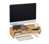 Relaxdays Support d’écran PC en bambou – rehausseur 2 tiroirs avec casier, 13x54x23 cm, naturel