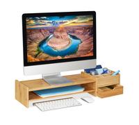 Relaxdays Support pour moniteur en bambou, support écran hauteur, HxLxP: 13x70x19 cm, tiroir & 7 compartiments, naturel
