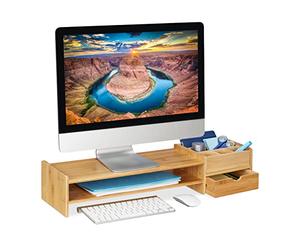 Relaxdays Support pour Moniteur en Bambou, Support écran Hauteur, HxLxP: 13x70x19 cm, tiroir & 7 Compartiments, Naturel