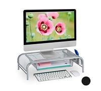 Relaxdays Support pour moniteur, Tiroir, 2 compartiments côté, support écran HxLxP: 15 x 51 x 29,5cm, argenté
