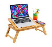 Relaxdays Support pour Ordinateur Portable réglable en Bambou, 11,6-17,3 Pouces, Porte-Boisson, tiroir, Naturel, 31 x 49