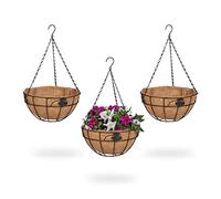 Relaxdays Suspension pour Plantes avec Panier en Fibres de Coco, Lot de 3, HD 48x31 cm, intérieur/extérieur, Marron/Noir